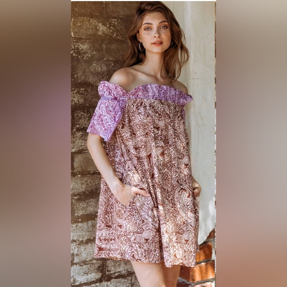 Free People Sophie Pattern Block Off The Shoulder Mini Swing Dress Size Medium